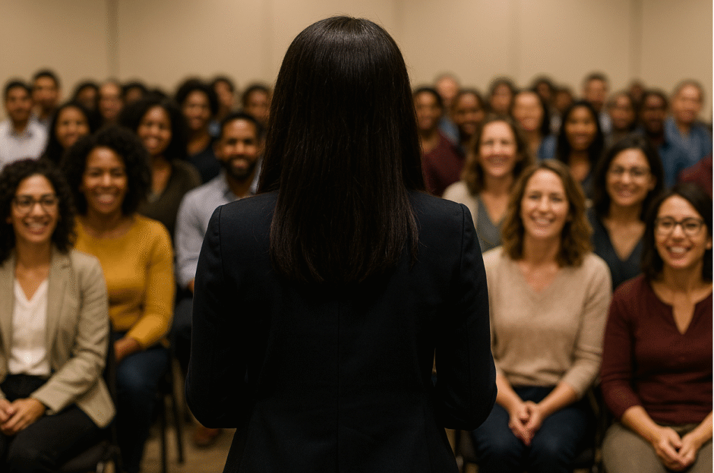 Speaking engagement A women giving public speech.