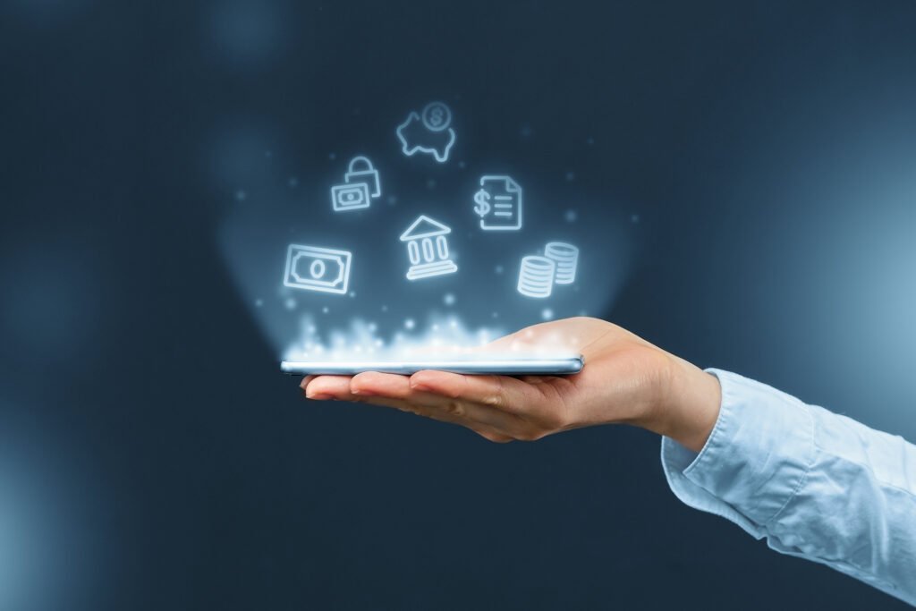 Person holds a smartphone with mobile banking icons projection. Person holds a smartphone with mobile banking icons projection